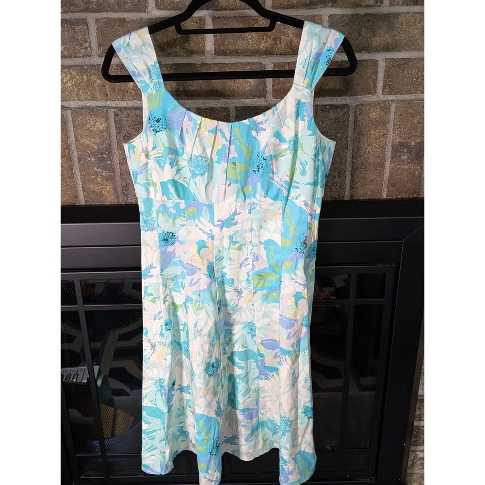 Dress Barn Women's Cap Sleeve Blue Floral Dress Size 6 Flare Rouched Bodice EUC